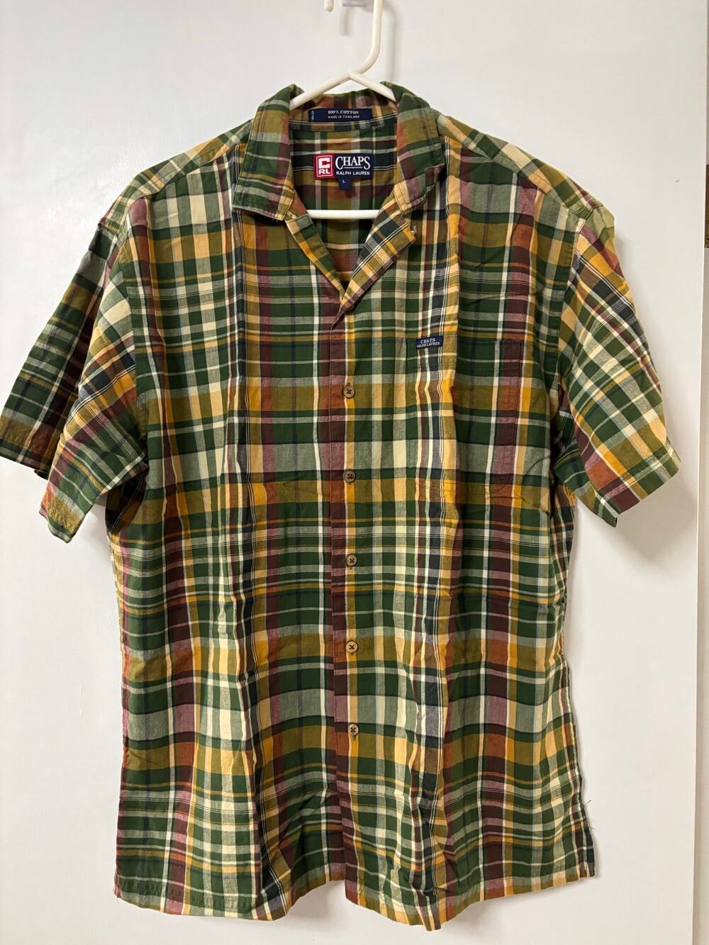 Chaps Mens Plaid Shirt L Ralph Lauren Green Tan Orange